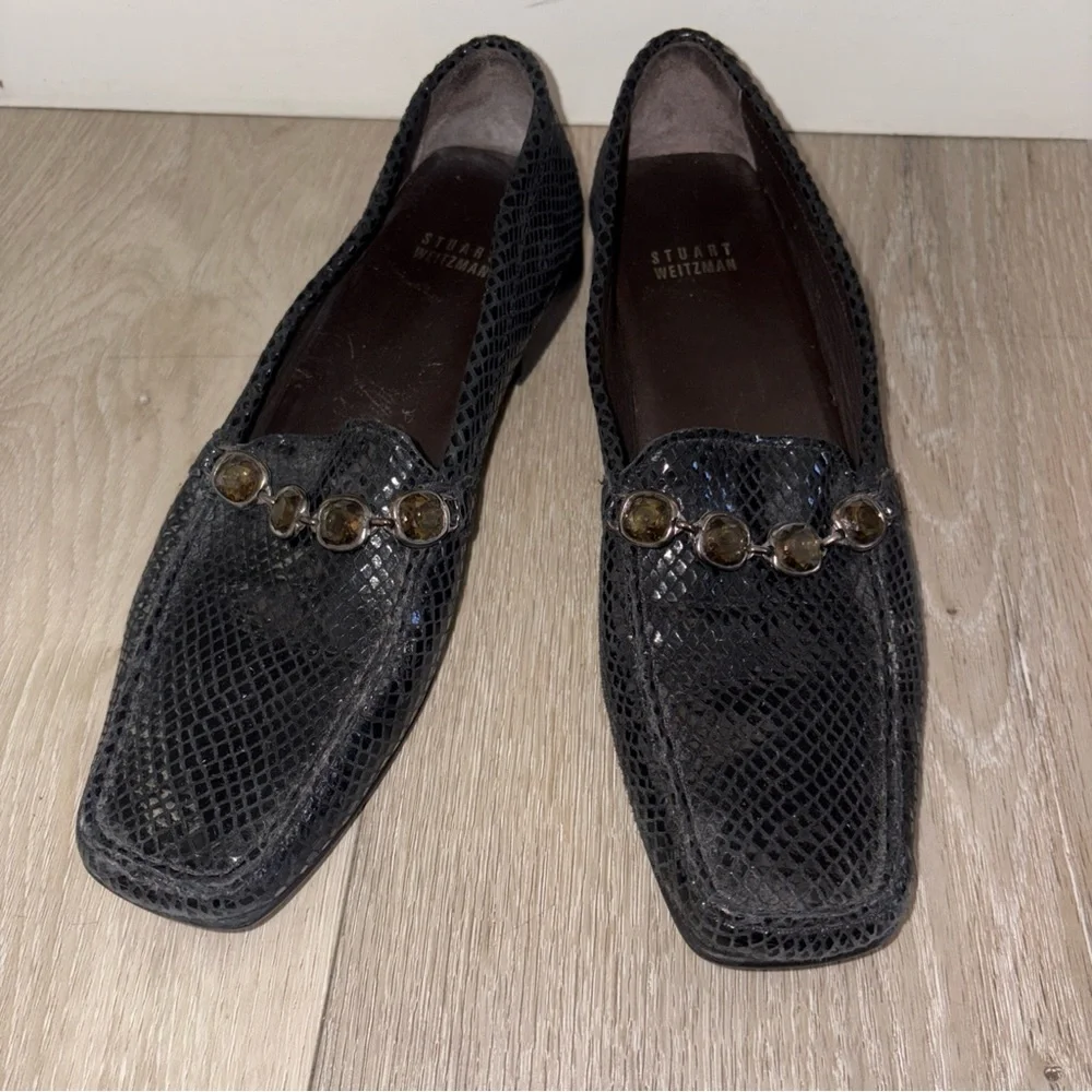 Black Stuart Weitzman Women's 8.5 N Snake Skin Slip-on Loafers W/ Rhinestones - Picture 1 of 14